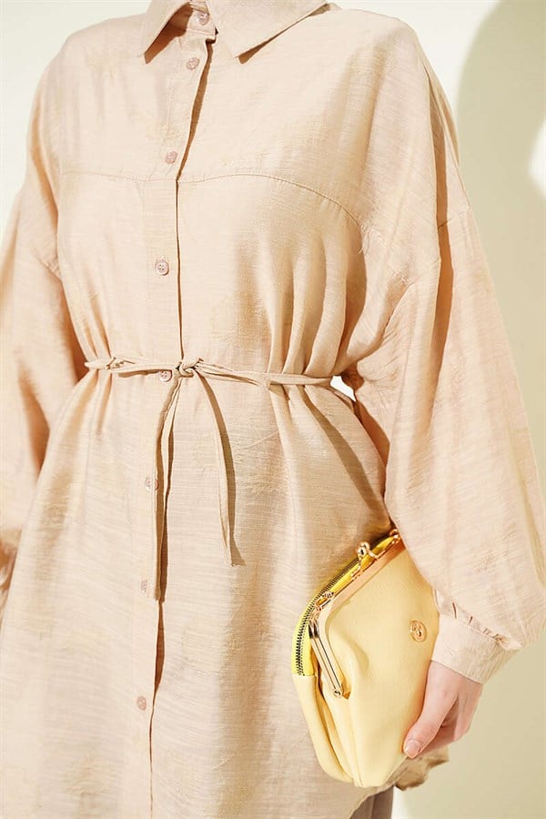 Off-Shoulder Shirt with Drawstring Belt, Beige