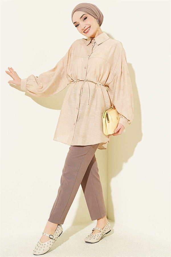 Off-Shoulder Shirt with Drawstring Belt, Beige