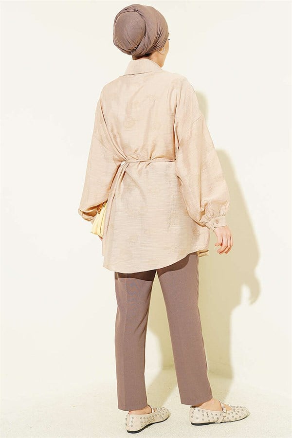 Off-Shoulder Shirt with Drawstring Belt, Beige