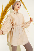 Off-Shoulder Shirt with Drawstring Belt, Beige