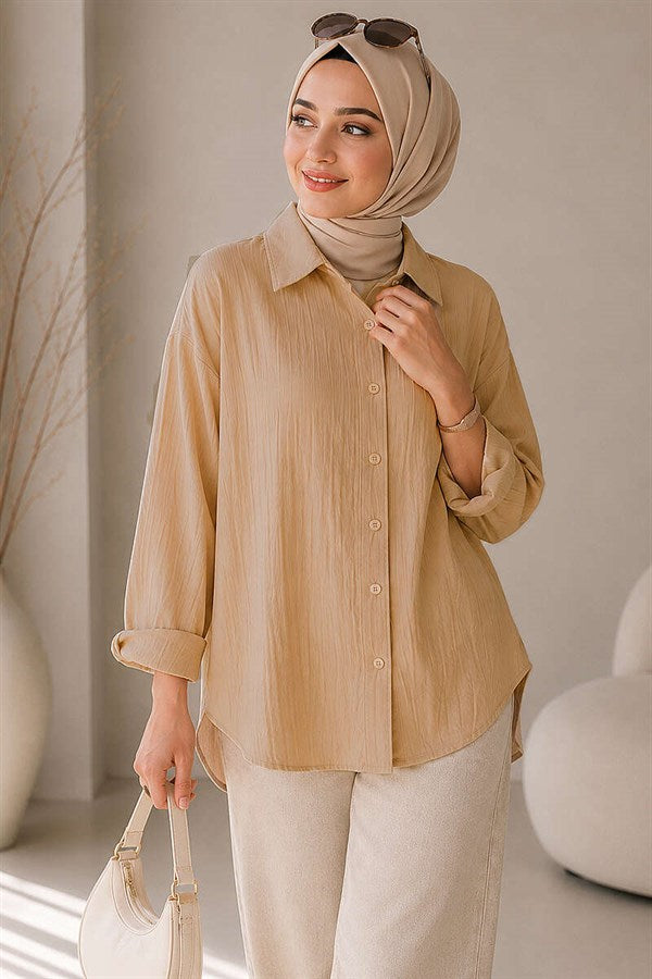 Loose-fitting Off-Shoulder Shirt, Camel