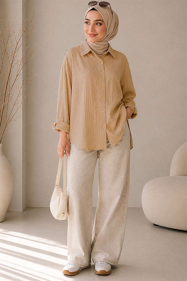 Loose-fitting Off-Shoulder Shirt, Camel