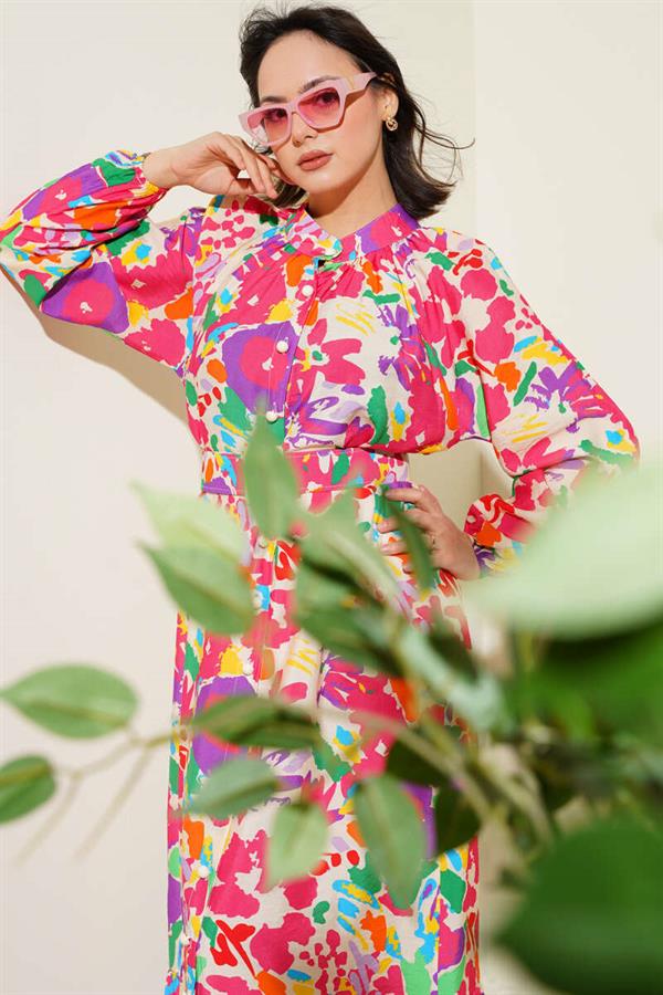 Marbling Patterned Belted Buttoned Dress Fuchsia