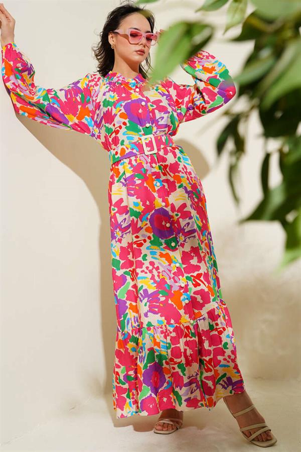 Marbling Patterned Belted Buttoned Dress Fuchsia