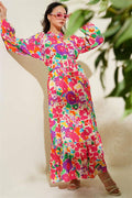 Marbling Patterned Belted Buttoned Dress Fuchsia