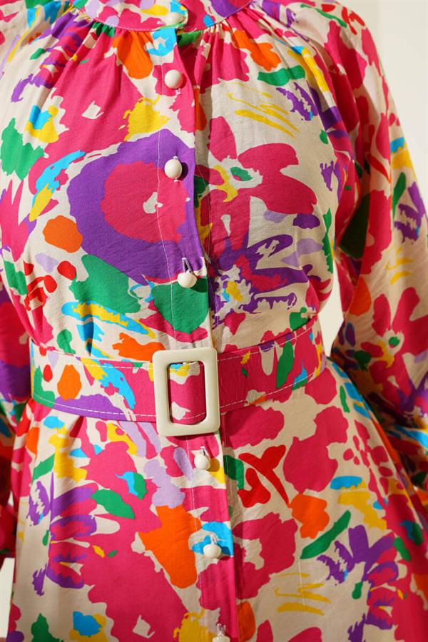 Marbling Patterned Belted Buttoned Dress Fuchsia