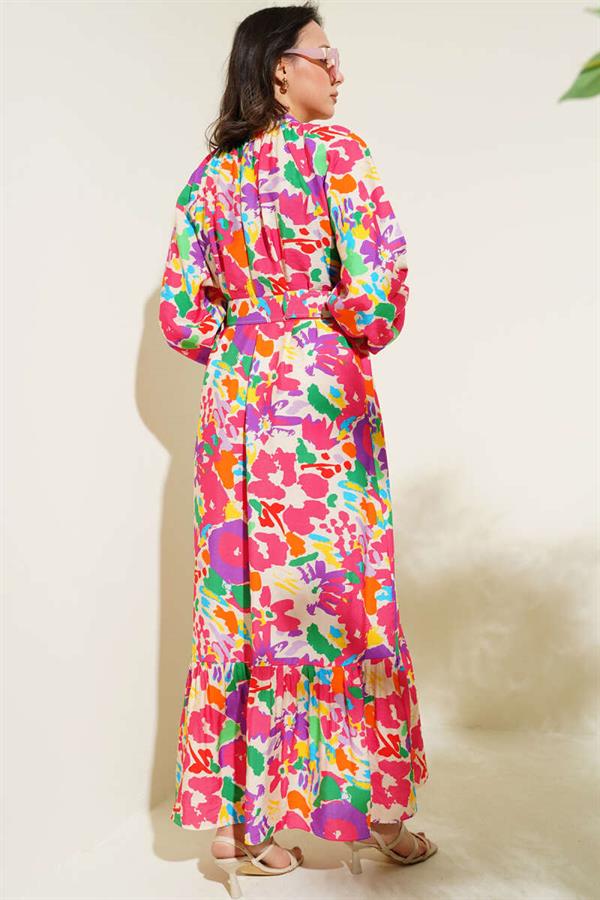 Marbling Patterned Belted Buttoned Dress Fuchsia