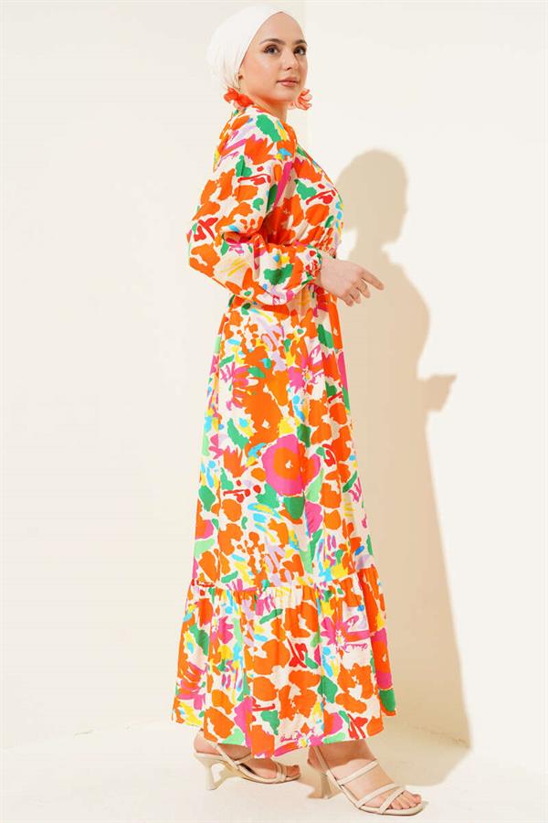 Marbling Patterned Belted Buttoned Dress Orange