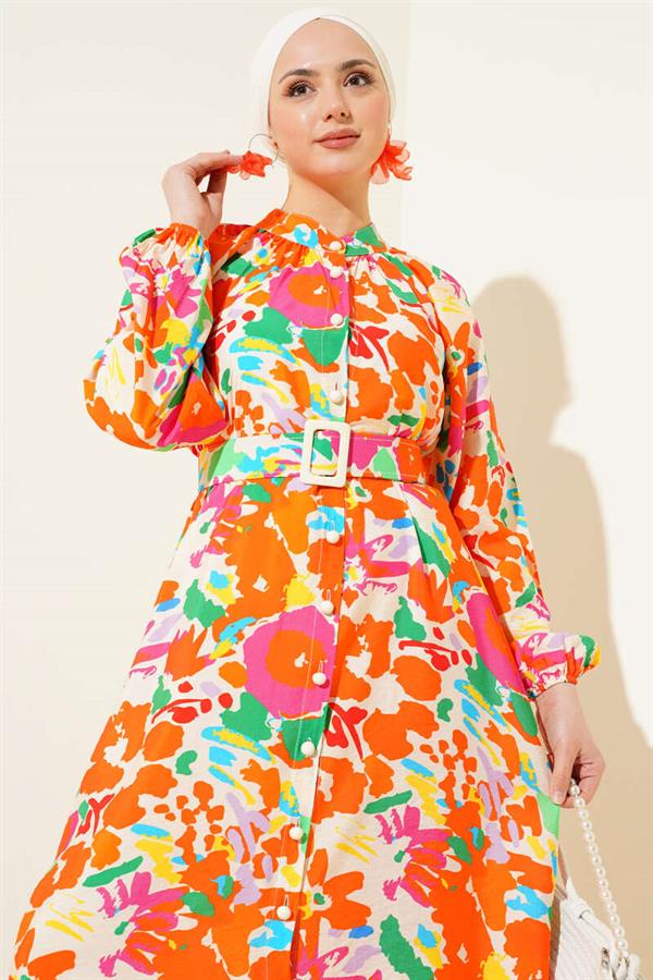 Marbling Patterned Belted Buttoned Dress Orange