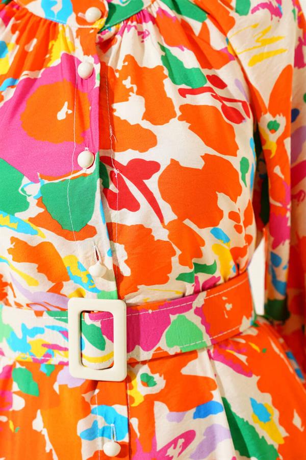Marbling Patterned Belted Buttoned Dress Orange