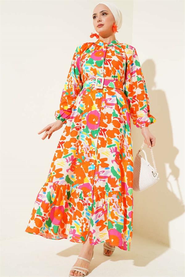 Marbling Patterned Belted Buttoned Dress Orange