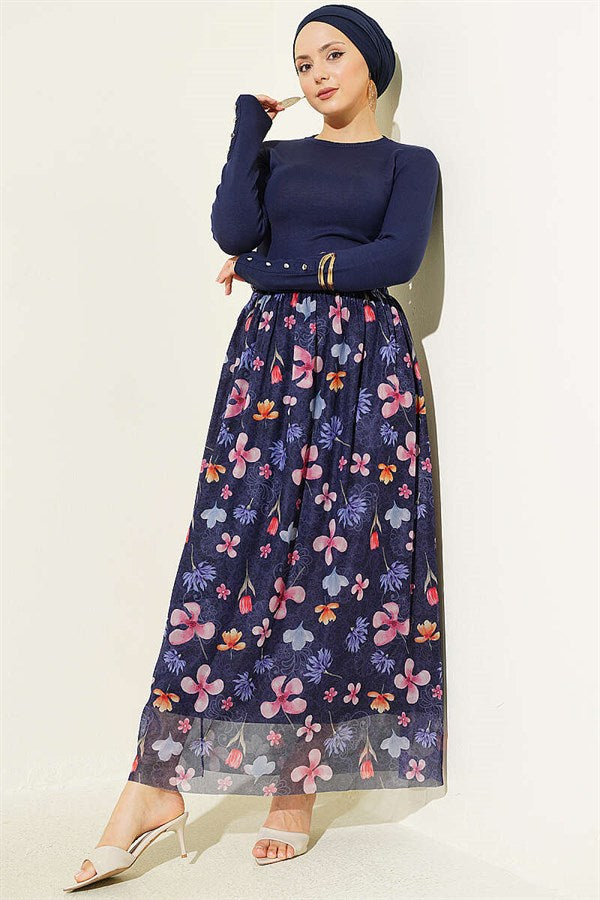 Marbled Floral Pattern Tulle Skirt Navy Blue