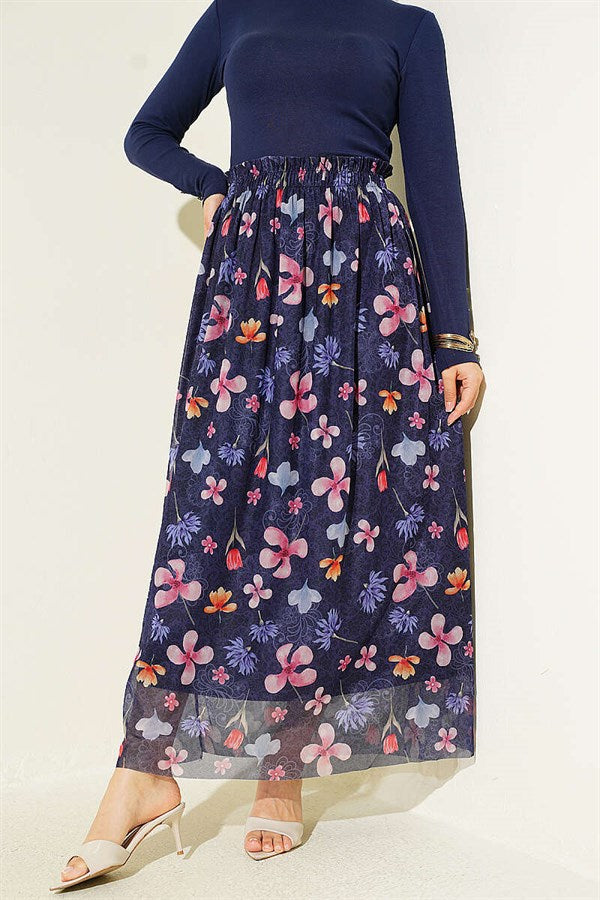 Marbled Floral Pattern Tulle Skirt Navy Blue