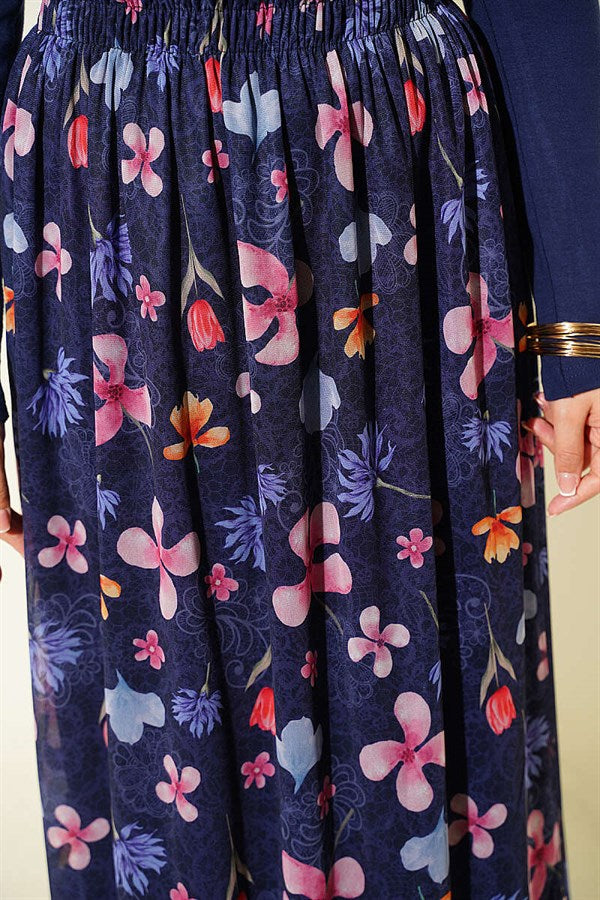 Marbled Floral Pattern Tulle Skirt Navy Blue