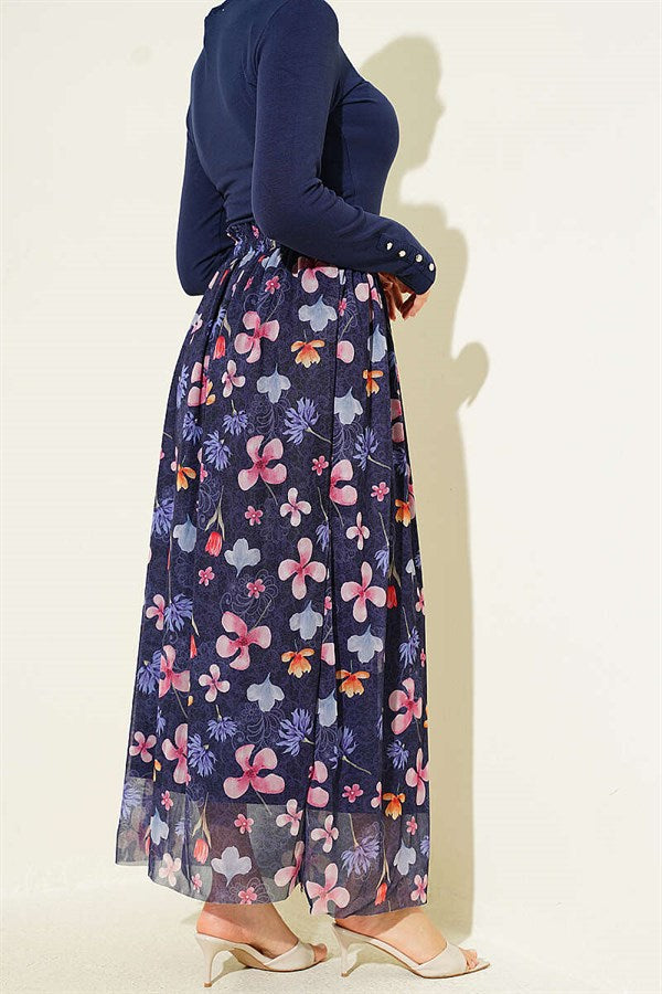 Marbled Floral Pattern Tulle Skirt Navy Blue