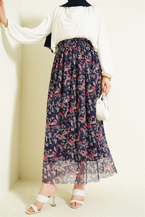 Marbled Floral Tulle Skirt Navy Blue