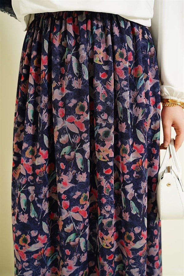 Marbled Floral Tulle Skirt Navy Blue