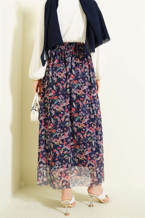 Marbled Floral Tulle Skirt Navy Blue