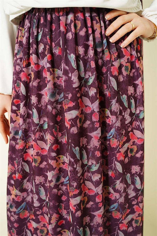 Marbled Floral Tulle Skirt, Plum