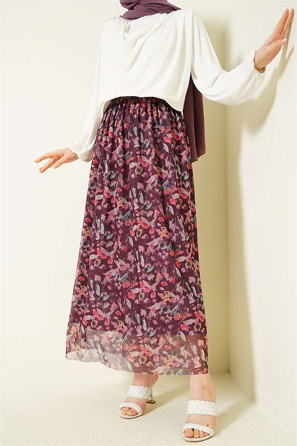 Marbled Floral Tulle Skirt, Plum