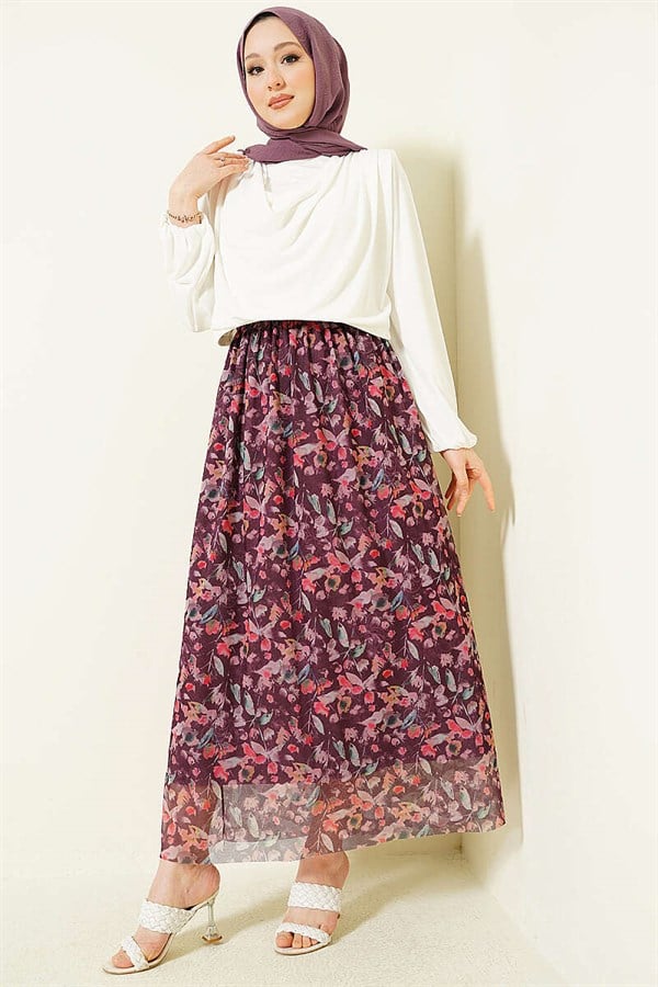 Marbled Floral Tulle Skirt, Plum