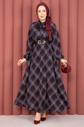 Plaid Pattern Hijab Dress with Gathered Waist, Black
