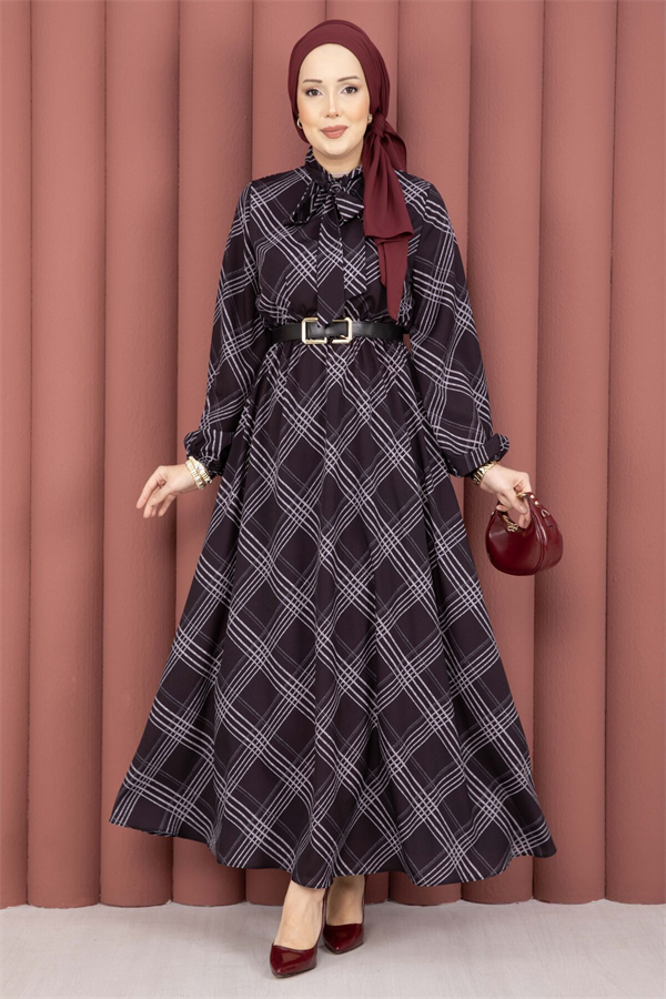 Plaid Pattern Hijab Dress with Gathered Waist, Black