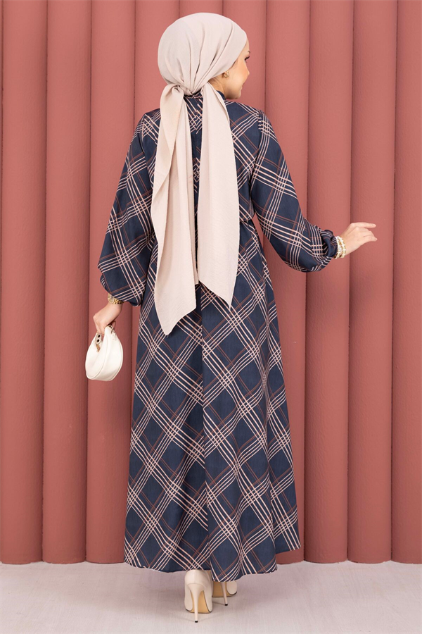 Plaid Pattern Hijab Dress with Gathered Waist, Navy Blue