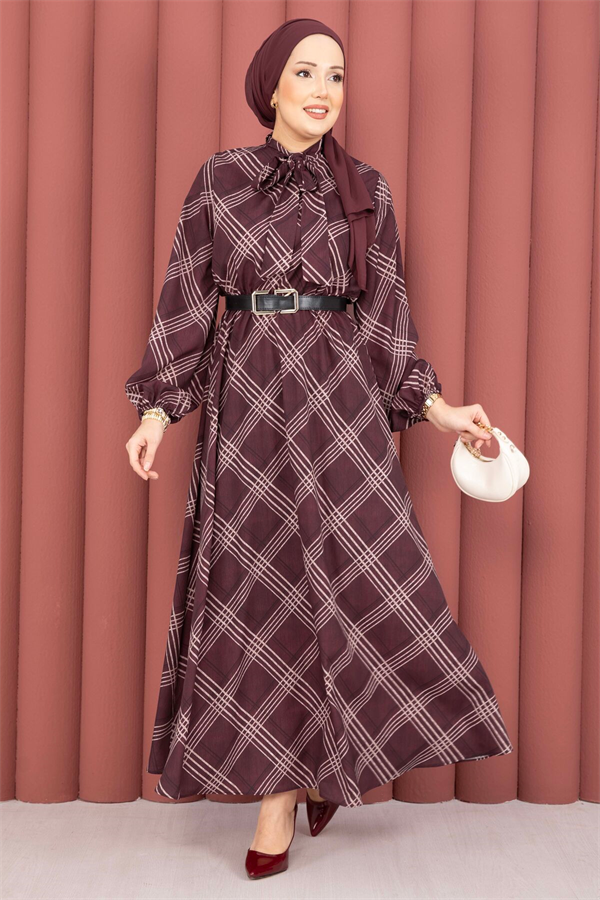 Plaid Pattern Hijab Dress with Gathered Waist, Burgundy