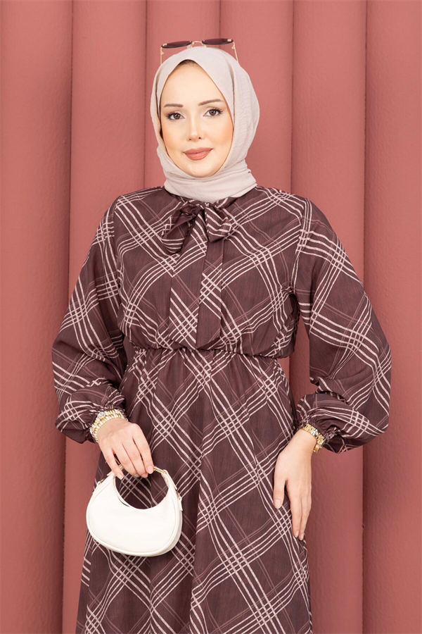 Plaid Pattern Hijab Dress with Gathered Waist, Brown