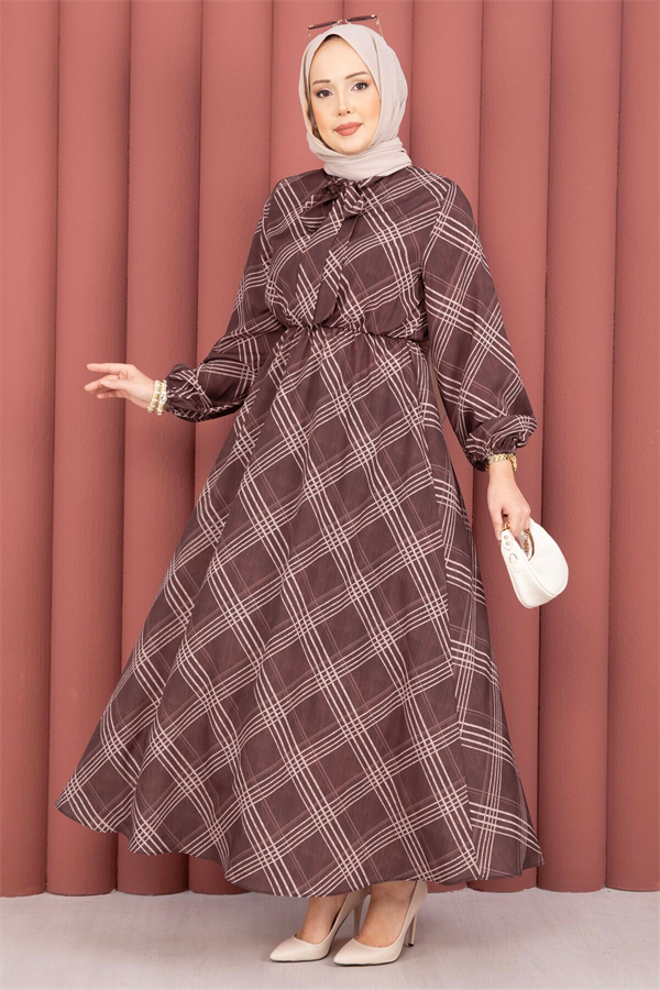 Plaid Pattern Hijab Dress with Gathered Waist, Brown