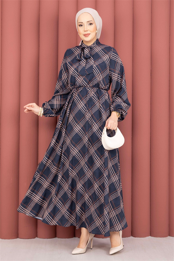 Plaid Pattern Hijab Dress with Gathered Waist, Navy Blue