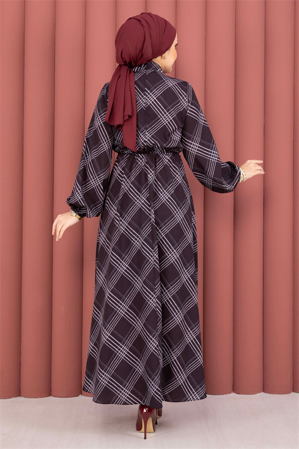 Plaid Pattern Hijab Dress with Gathered Waist, Black