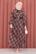 Plaid Pattern Hijab Dress with Gathered Waist, Brown