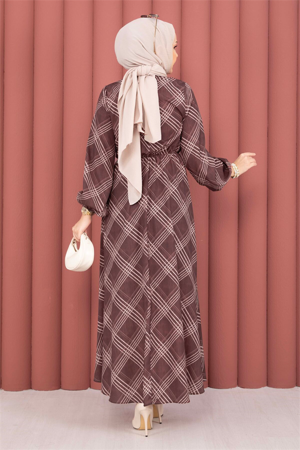Plaid Pattern Hijab Dress with Gathered Waist, Brown