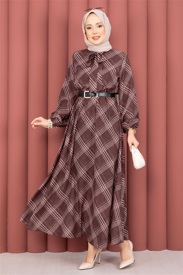Plaid Pattern Hijab Dress with Gathered Waist, Brown