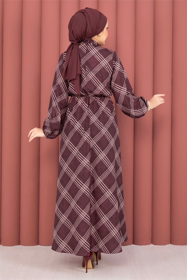 Plaid Pattern Hijab Dress with Gathered Waist, Burgundy