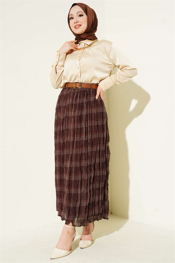 Plaid Pattern Wrinkled Chiffon Skirt Coffee
