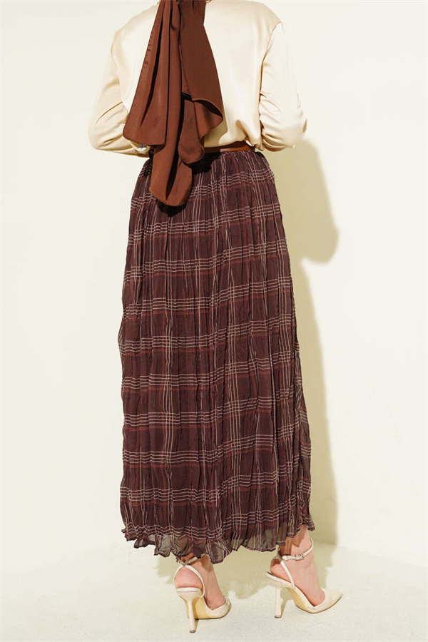 Plaid Pattern Wrinkled Chiffon Skirt Coffee