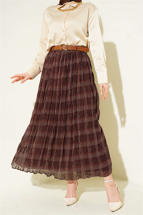 Plaid Pattern Wrinkled Chiffon Skirt Coffee