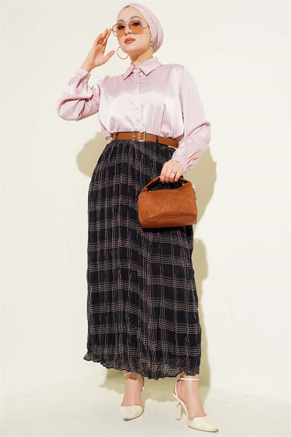 Plaid Pattern Wrinkled Chiffon Skirt Black