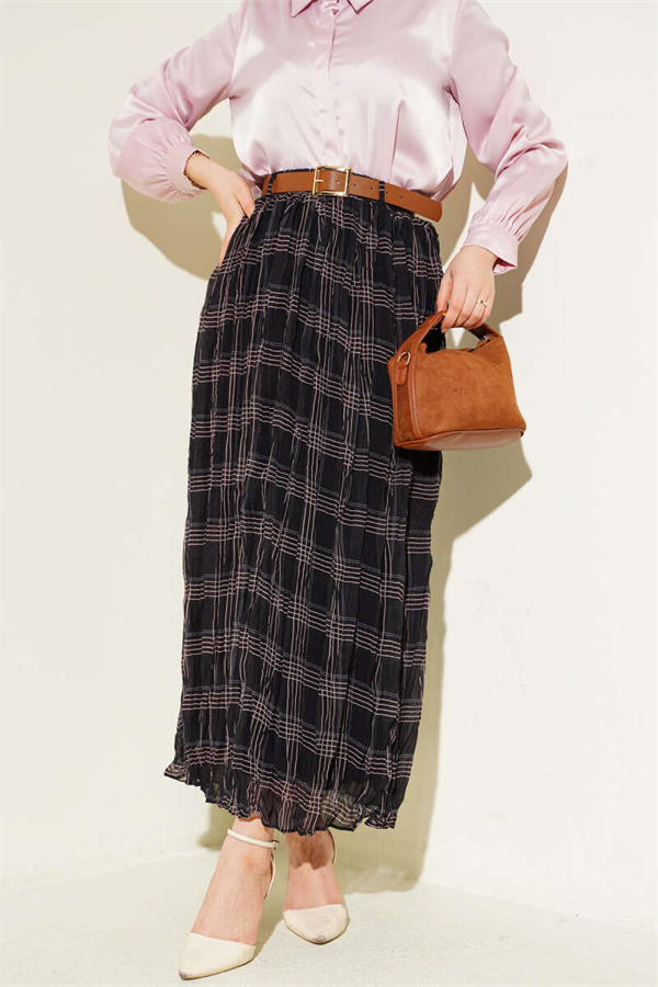 Plaid Pattern Wrinkled Chiffon Skirt Black