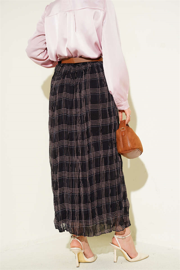 Plaid Pattern Wrinkled Chiffon Skirt Black