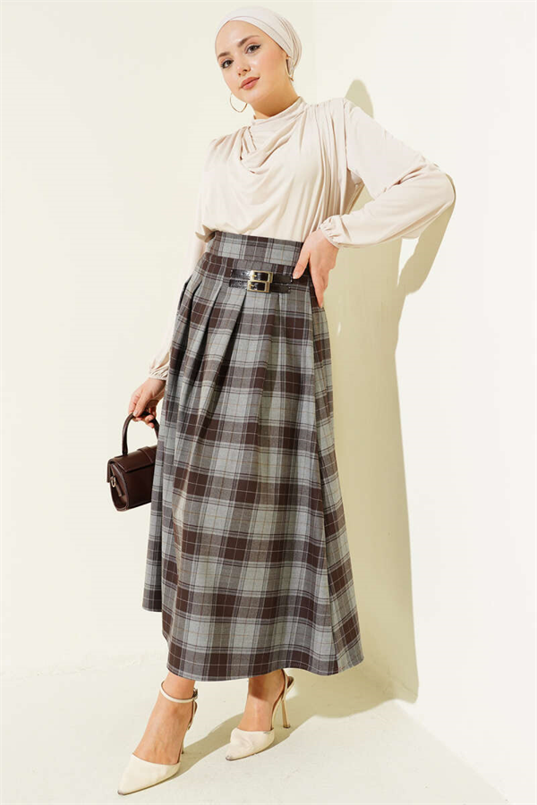 Plaid Pattern Pleated Flared Skirt Grey