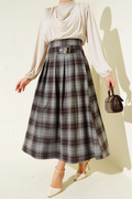 Plaid Pattern Pleated Flared Skirt Grey