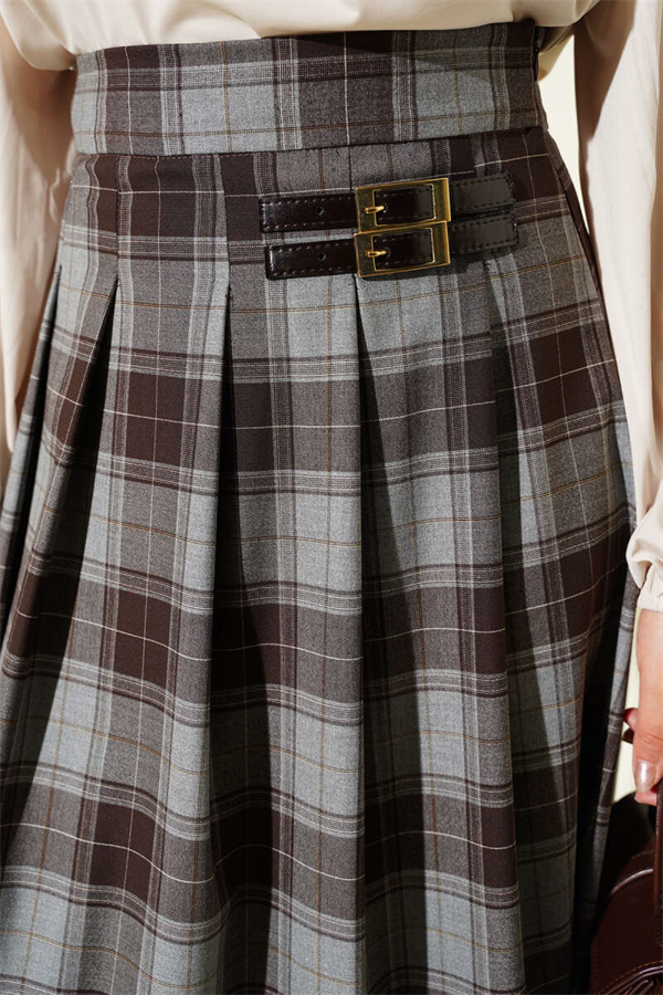 Plaid Pattern Pleated Flared Skirt Grey