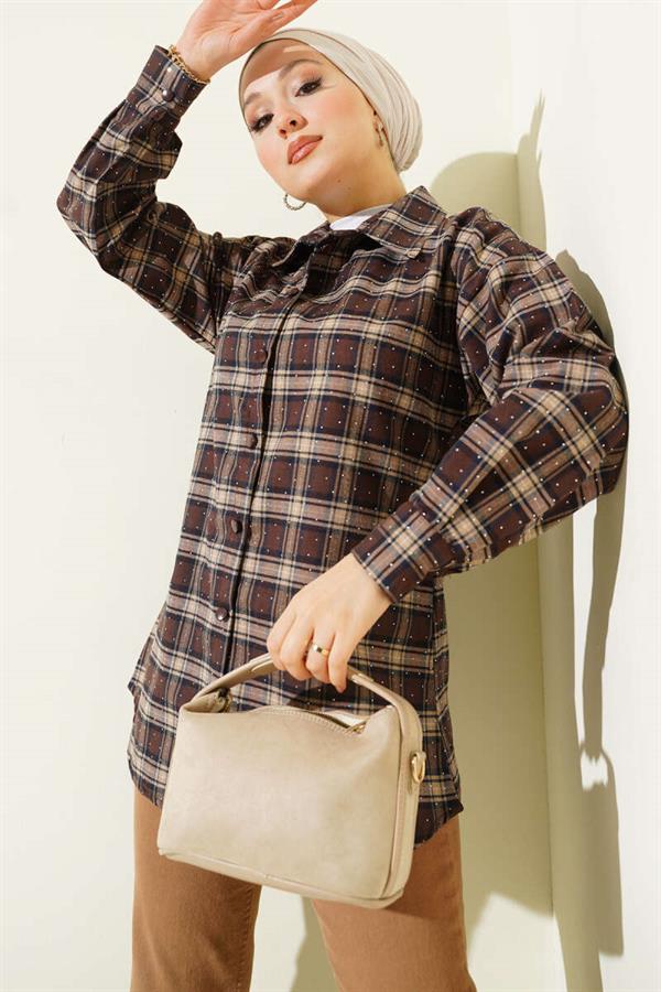 Plaid Pattern Embellished Shirt Dark Brown
