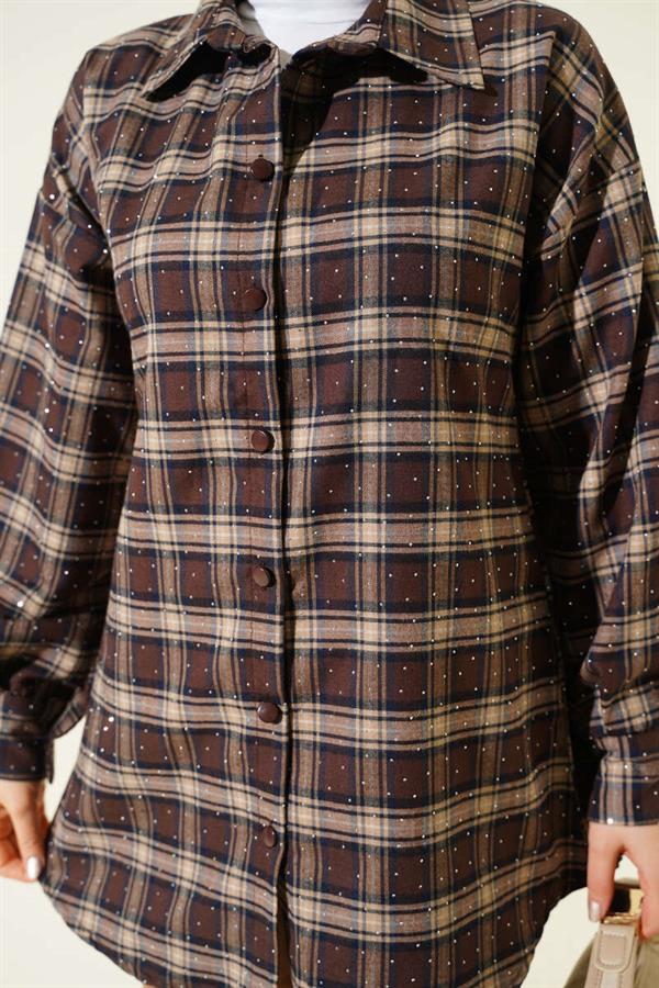 Plaid Pattern Embellished Shirt Dark Brown