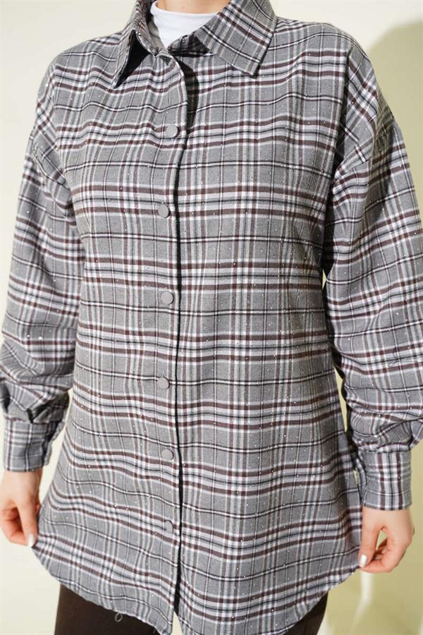 Plaid Shirt with Rhinestones, Grey
