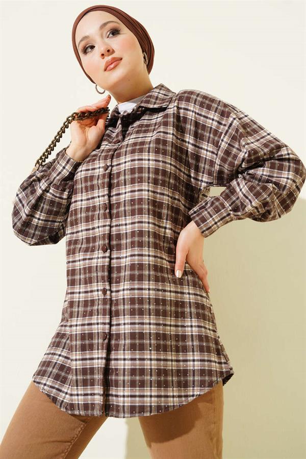 Plaid Pattern Embellished Shirt Earth Tones